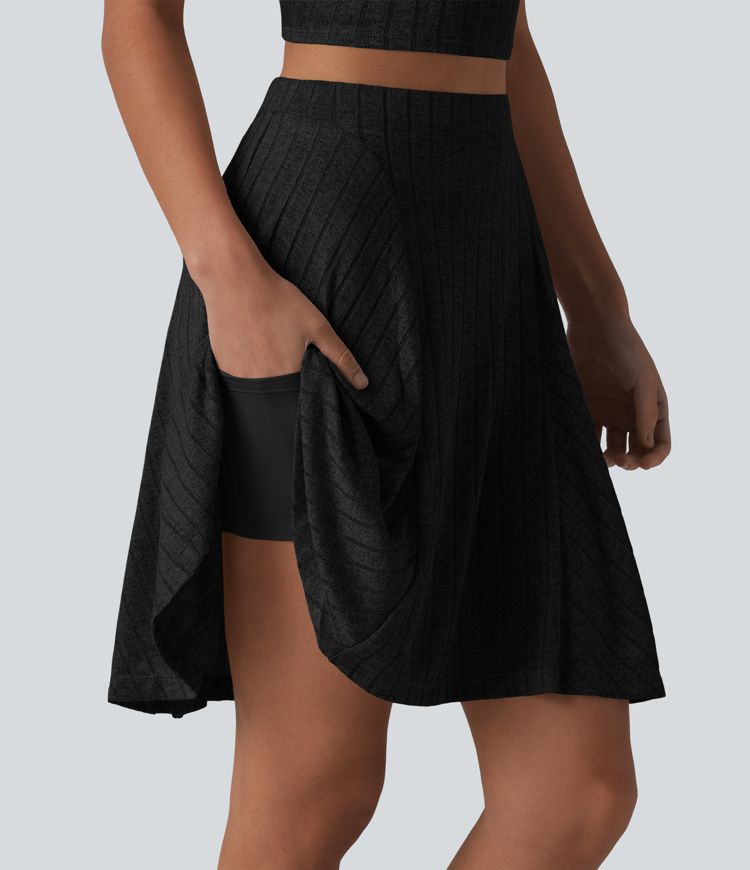 Ribbed Knit High Waisted 2-in-1 Mini Casual Flare Skirt with Pockets
