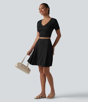 Ribbed Knit High Waisted 2-in-1 Mini Casual Flare Skirt with Pockets