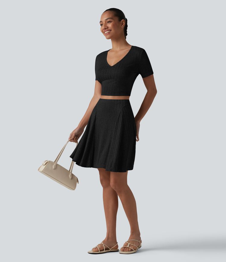 Ribbed Knit High Waisted 2-in-1 Mini Casual Flare Skirt with Pockets