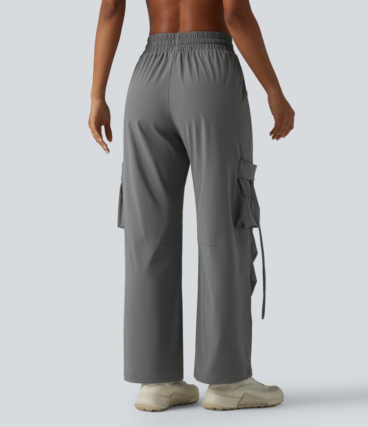 Workout-Cargohose mit hohem Bund, mehreren Taschen, Kordelzug, Cool-Touch und weitem Bein - schnelltrocknend, UPF40+