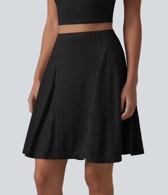 Ribbed Knit High Waisted 2-in-1 Mini Casual Flare Skirt with Pockets