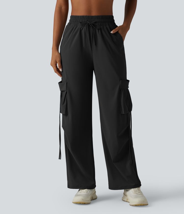 High Waisted Drawstring Wide Leg Quick Dry Cool Touch Workout Cargo Pants with Pockets-UPF40+