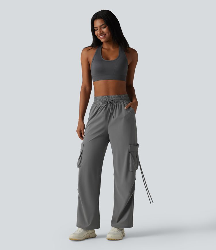 Workout-Cargohose mit hohem Bund, mehreren Taschen, Kordelzug, Cool-Touch und weitem Bein - schnelltrocknend, UPF40+