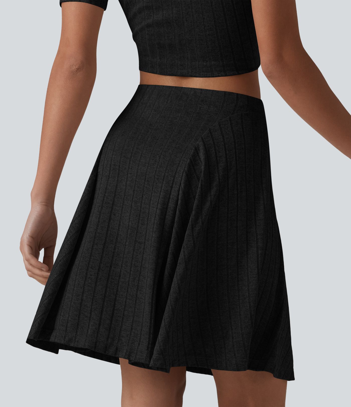 Ribbed Knit High Waisted 2-in-1 Mini Casual Flare Skirt with Pockets