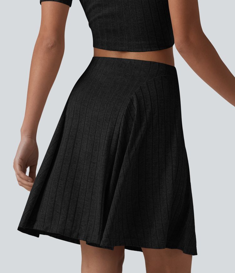 Ribbed Knit High Waisted 2-in-1 Mini Casual Flare Skirt with Pockets
