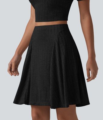 Ribbed Knit High Waisted 2-in-1 Mini Casual Flare Skirt with Pockets