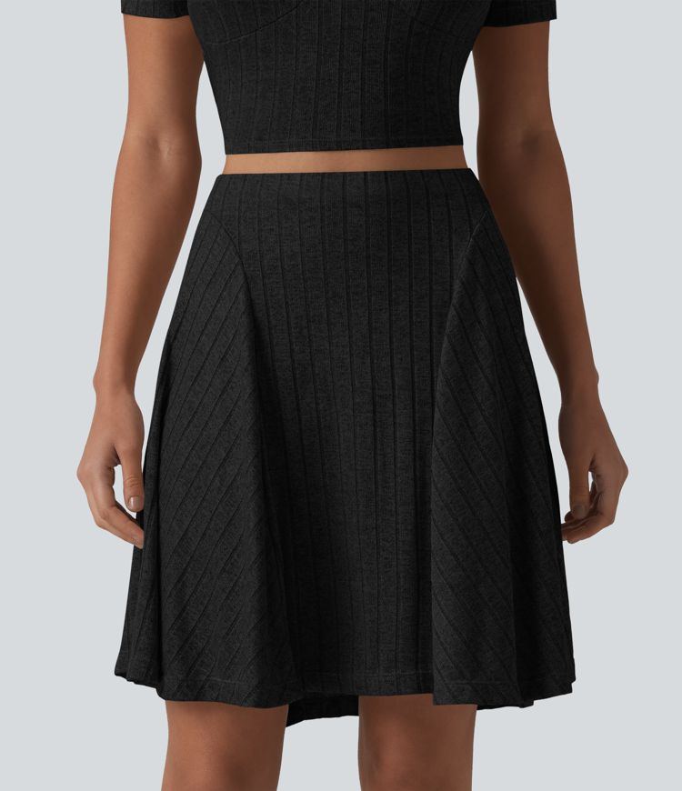 Ribbed Knit High Waisted 2-in-1 Mini Casual Flare Skirt with Pockets