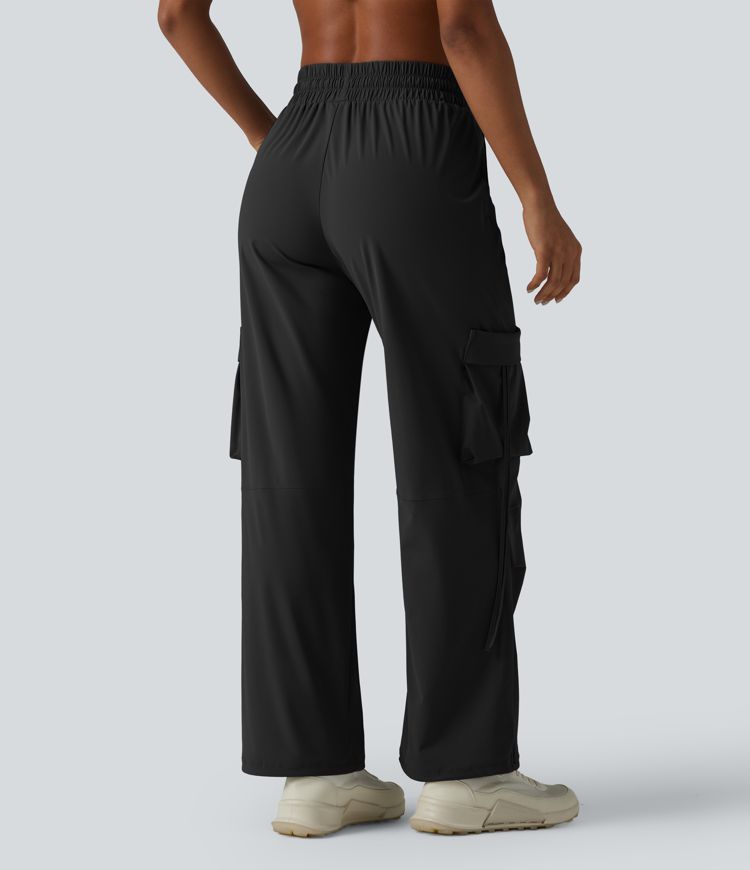 High Waisted Drawstring Wide Leg Quick Dry Cool Touch Workout Cargo Pants with Pockets-UPF40+