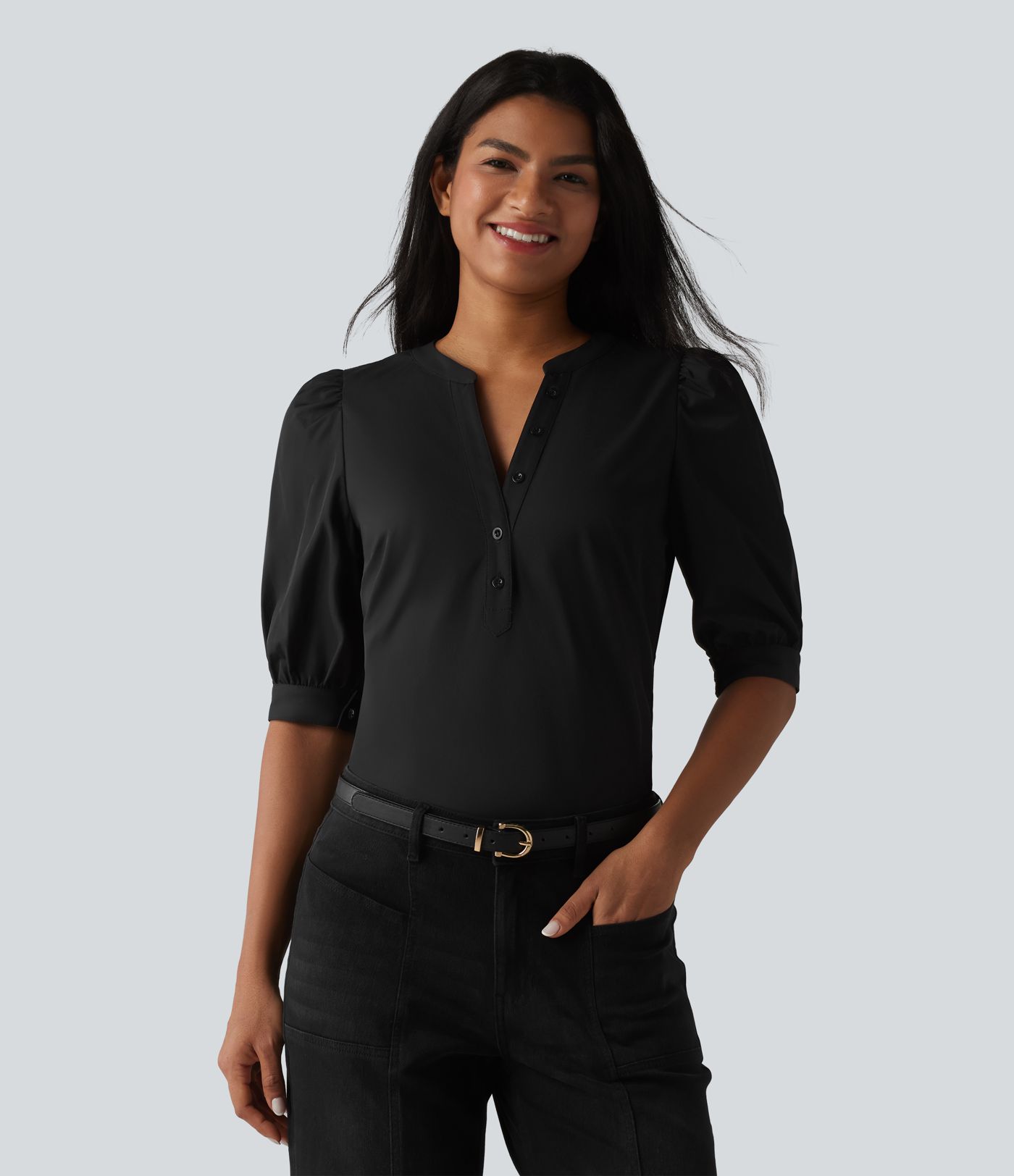 Henley Neck Puff Half Sleeve Casual Blouse Henley Neck Puff Half Sleeve Casual Blouse