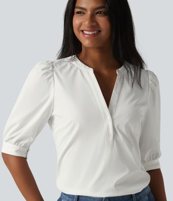 Henley Neck Puff Half Sleeve Casual Blouse