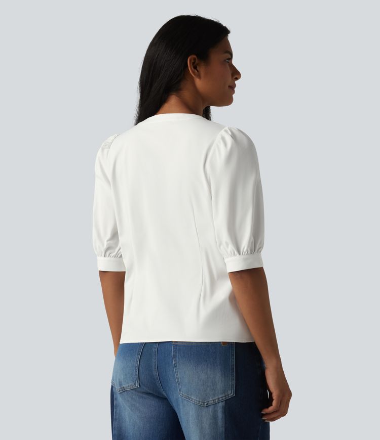 Henley Neck Puff Half Sleeve Casual Blouse