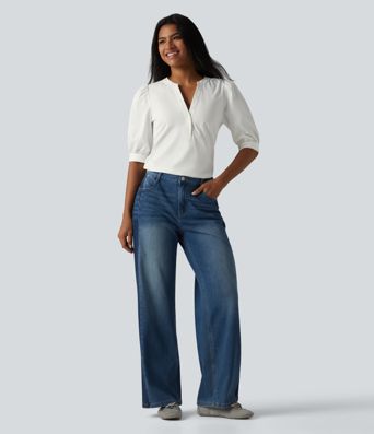 Henley Neck Puff Half Sleeve Casual Blouse