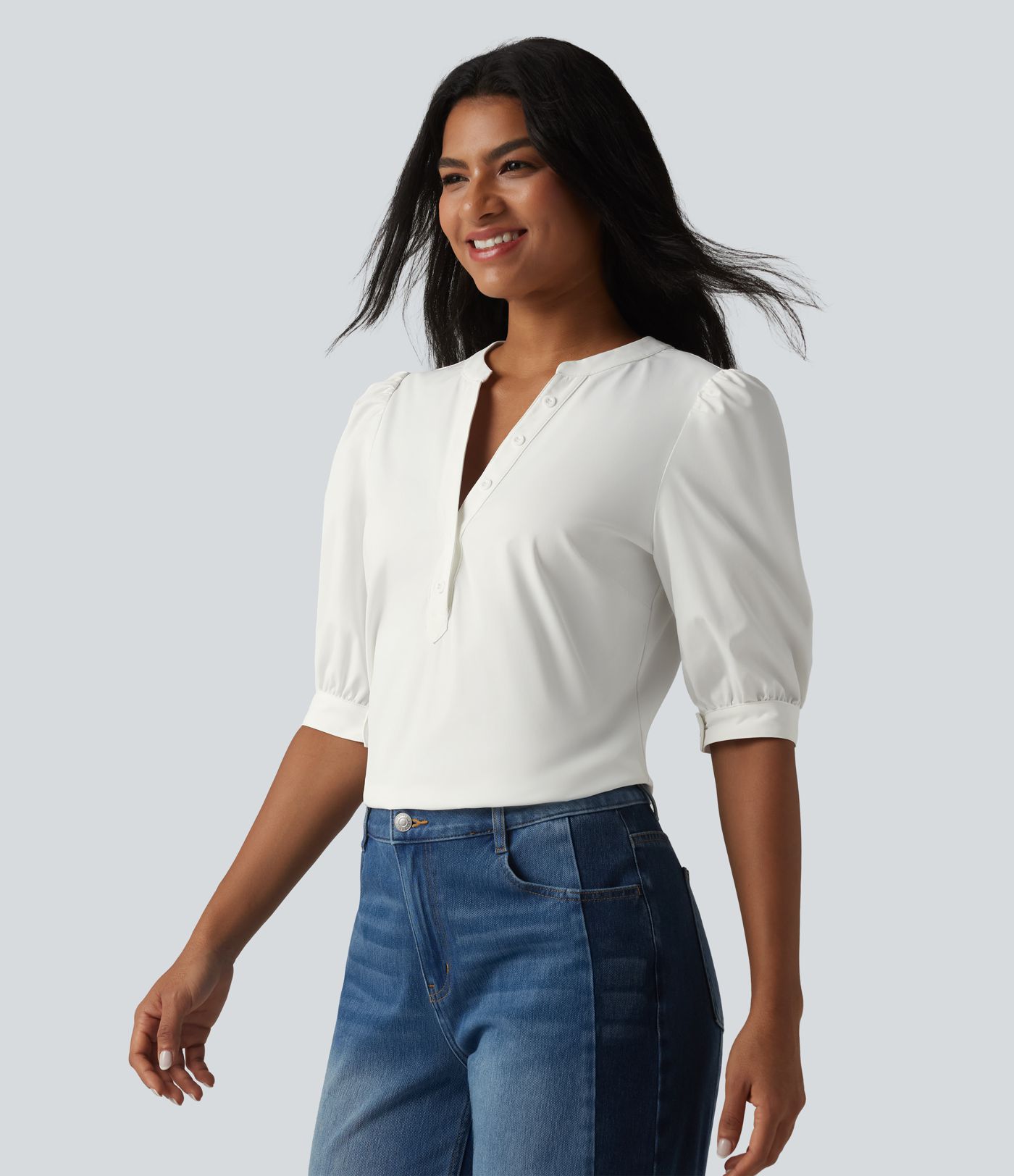 Henley Neck Puff Half Sleeve Casual Blouse