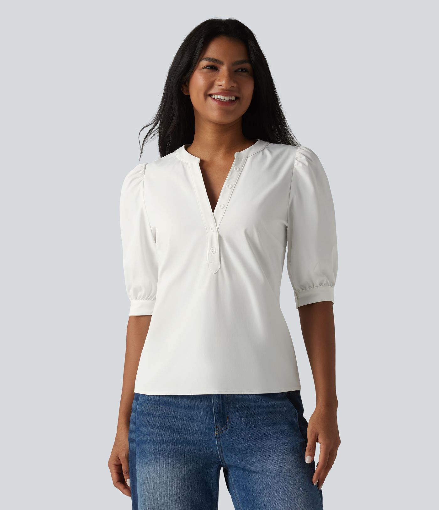 Henley Neck Puff Half Sleeve Casual Blouse