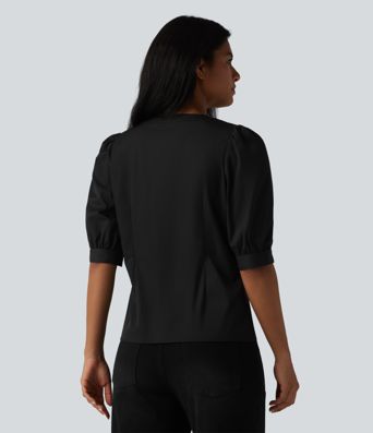 Henley Neck Puff Half Sleeve Casual Blouse Henley Neck Puff Half Sleeve Casual Blouse