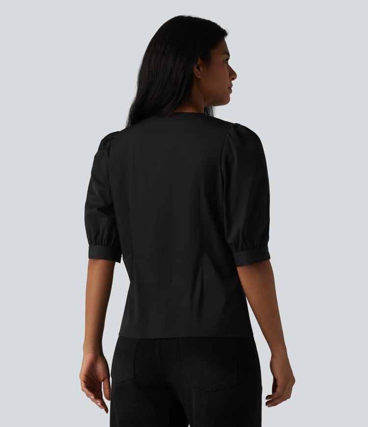 Henley Neck Puff Half Sleeve Casual Blouse Henley Neck Puff Half Sleeve Casual Blouse