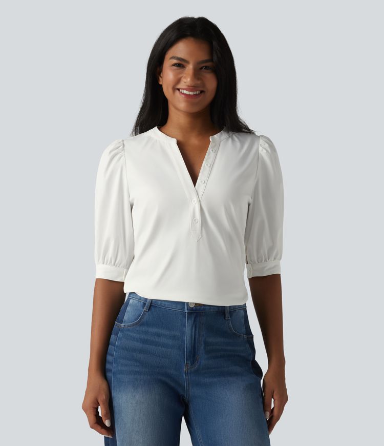 Henley Neck Puff Half Sleeve Casual Blouse