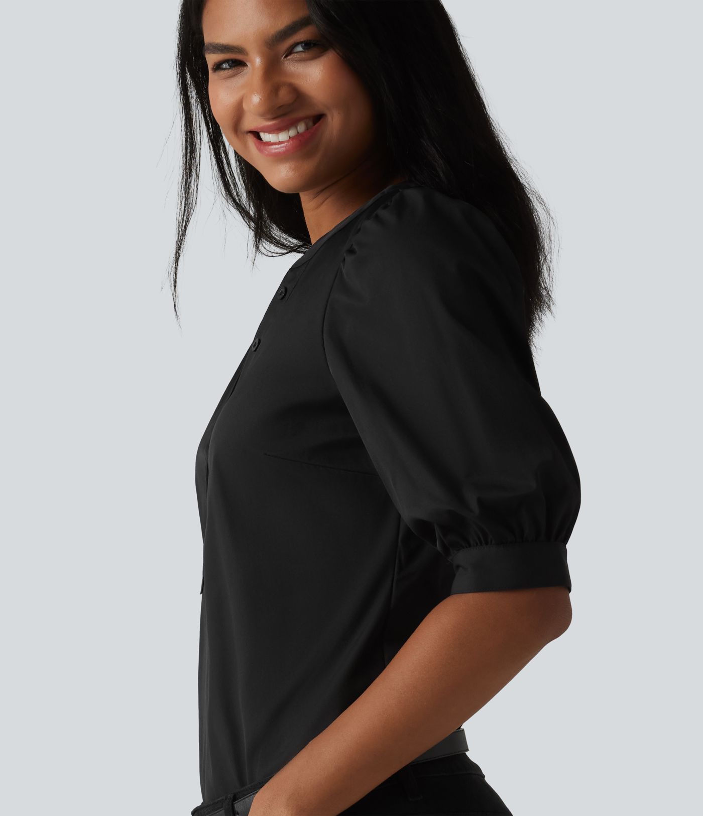 Henley Neck Puff Half Sleeve Casual Blouse Henley Neck Puff Half Sleeve Casual Blouse