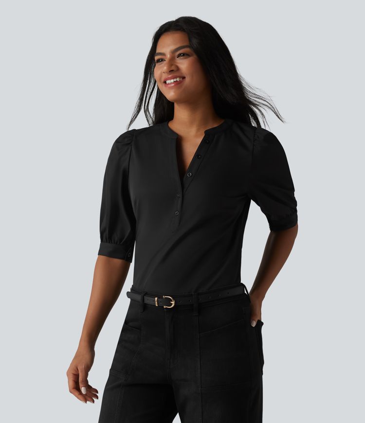 Henley Neck Puff Half Sleeve Casual Blouse Henley Neck Puff Half Sleeve Casual Blouse