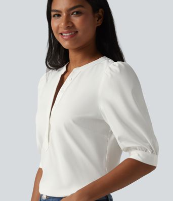 Henley Neck Puff Half Sleeve Casual Blouse