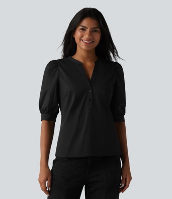 Henley Neck Puff Half Sleeve Casual Blouse Henley Neck Puff Half Sleeve Casual Blouse