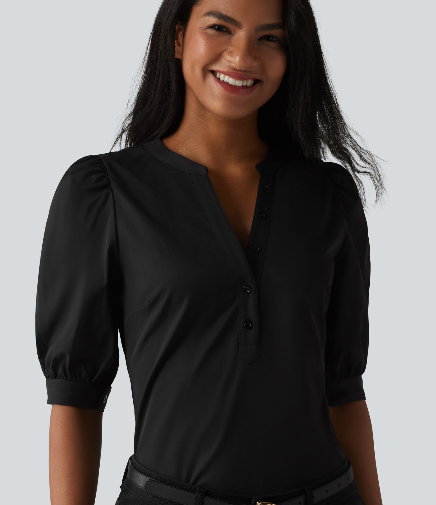 Henley Neck Puff Half Sleeve Casual Blouse Henley Neck Puff Half Sleeve Casual Blouse