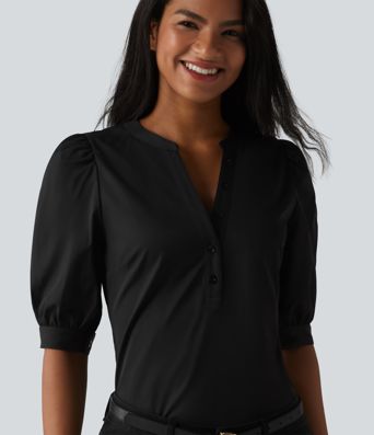 Henley Neck Puff Half Sleeve Casual Blouse Henley Neck Puff Half Sleeve Casual Blouse