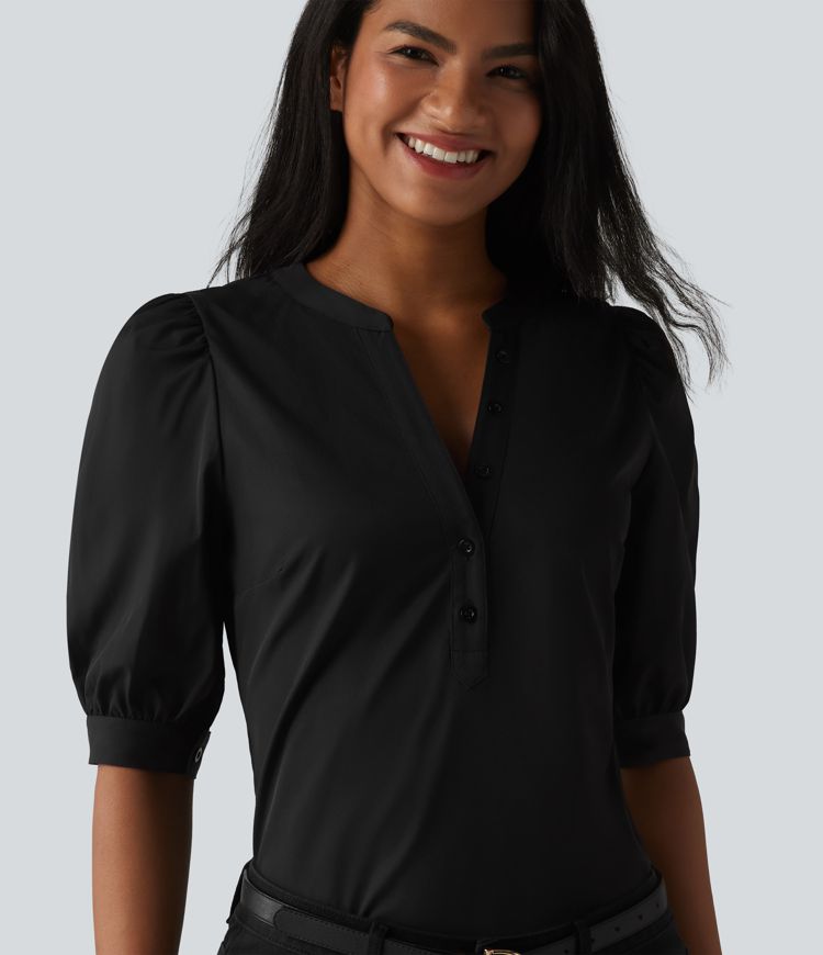 Henley Neck Puff Half Sleeve Casual Blouse Henley Neck Puff Half Sleeve Casual Blouse