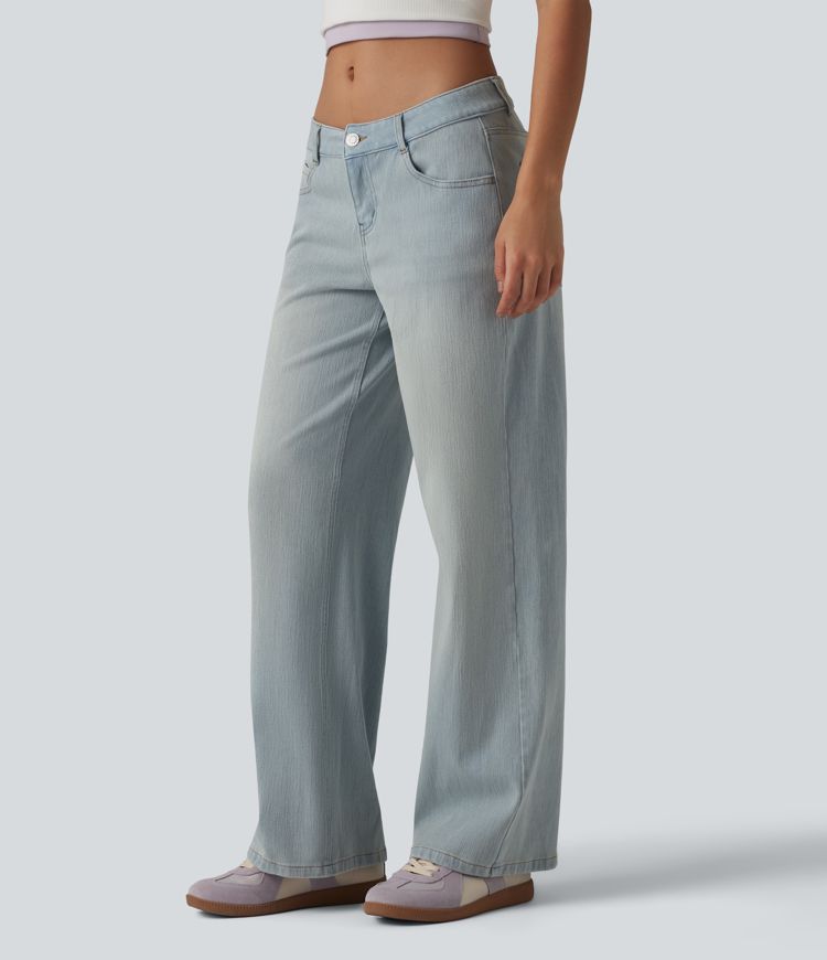 Jean coupe droite décontracté Halara Flex™ taille basse, délavé, avec poches