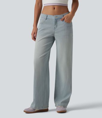 Jean coupe droite décontracté Halara Flex™ taille basse, délavé, avec poches