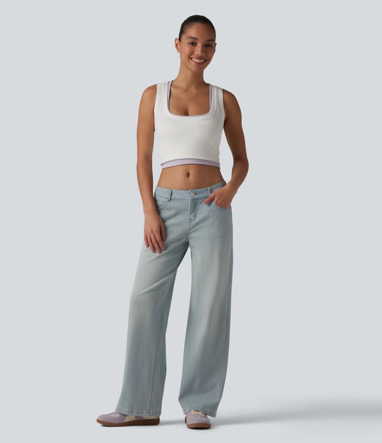 Jean coupe droite décontracté Halara Flex™ taille basse, délavé, avec poches