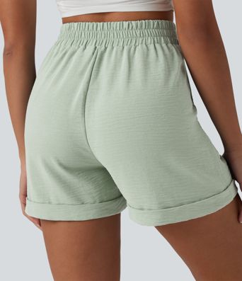 High Waisted Casual Linen-Feel Shorts 4'' with Pockets
