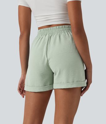 High Waisted Casual Linen-Feel Shorts 4'' with Pockets
