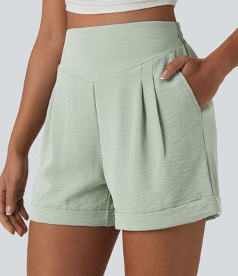 High Waisted Casual Linen-Feel Shorts 4'' with Pockets