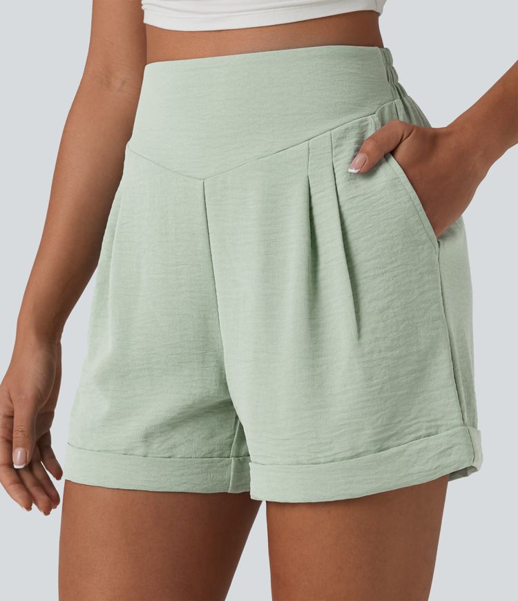 High Waisted Casual Linen-Feel Shorts 4'' with Pockets