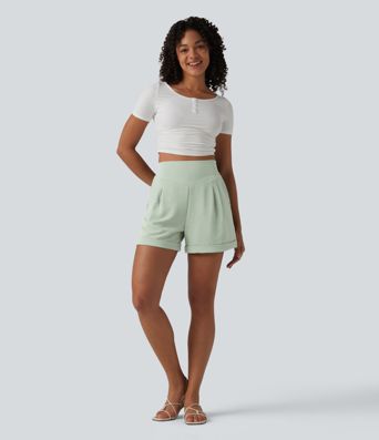 High Waisted Casual Linen-Feel Shorts 4'' with Pockets