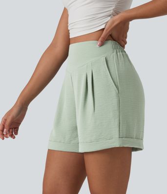High Waisted Casual Linen-Feel Shorts 4'' with Pockets