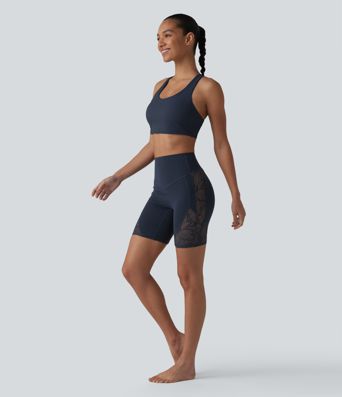 Halara UltraSculpt™ High Waisted Tummy Control Contrast Lace Yoga Biker Shorts 7'' with Pocket Halara UltraSculpt™ High Waisted Tummy Control Contrast Lace Yoga Biker Shorts 7'' with Pocket