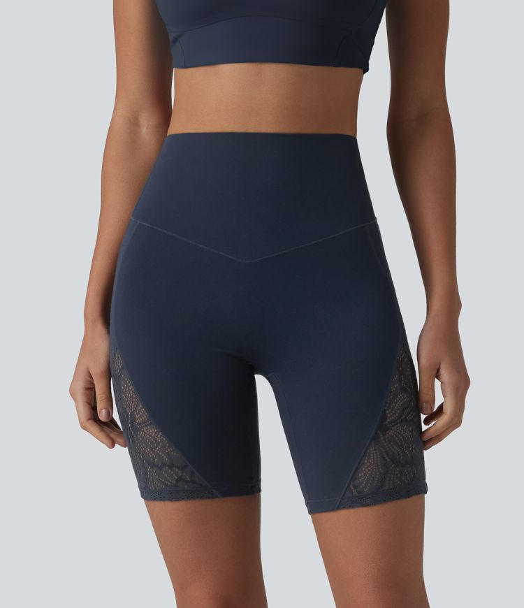 Halara UltraSculpt™ High Waisted Tummy Control Contrast Lace Yoga Biker Shorts 7'' with Pocket Halara UltraSculpt™ High Waisted Tummy Control Contrast Lace Yoga Biker Shorts 7'' with Pocket