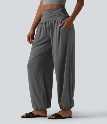 High Waisted Ruched Casual Joggers with Pockets