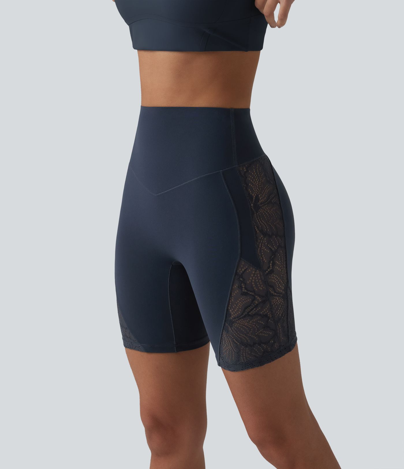 Halara UltraSculpt™ High Waisted Tummy Control Contrast Lace Yoga Biker Shorts 7'' with Pocket Halara UltraSculpt™ High Waisted Tummy Control Contrast Lace Yoga Biker Shorts 7'' with Pocket