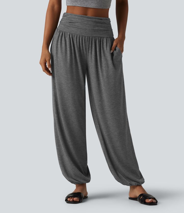 High Waisted Ruched Casual Joggers with Pockets