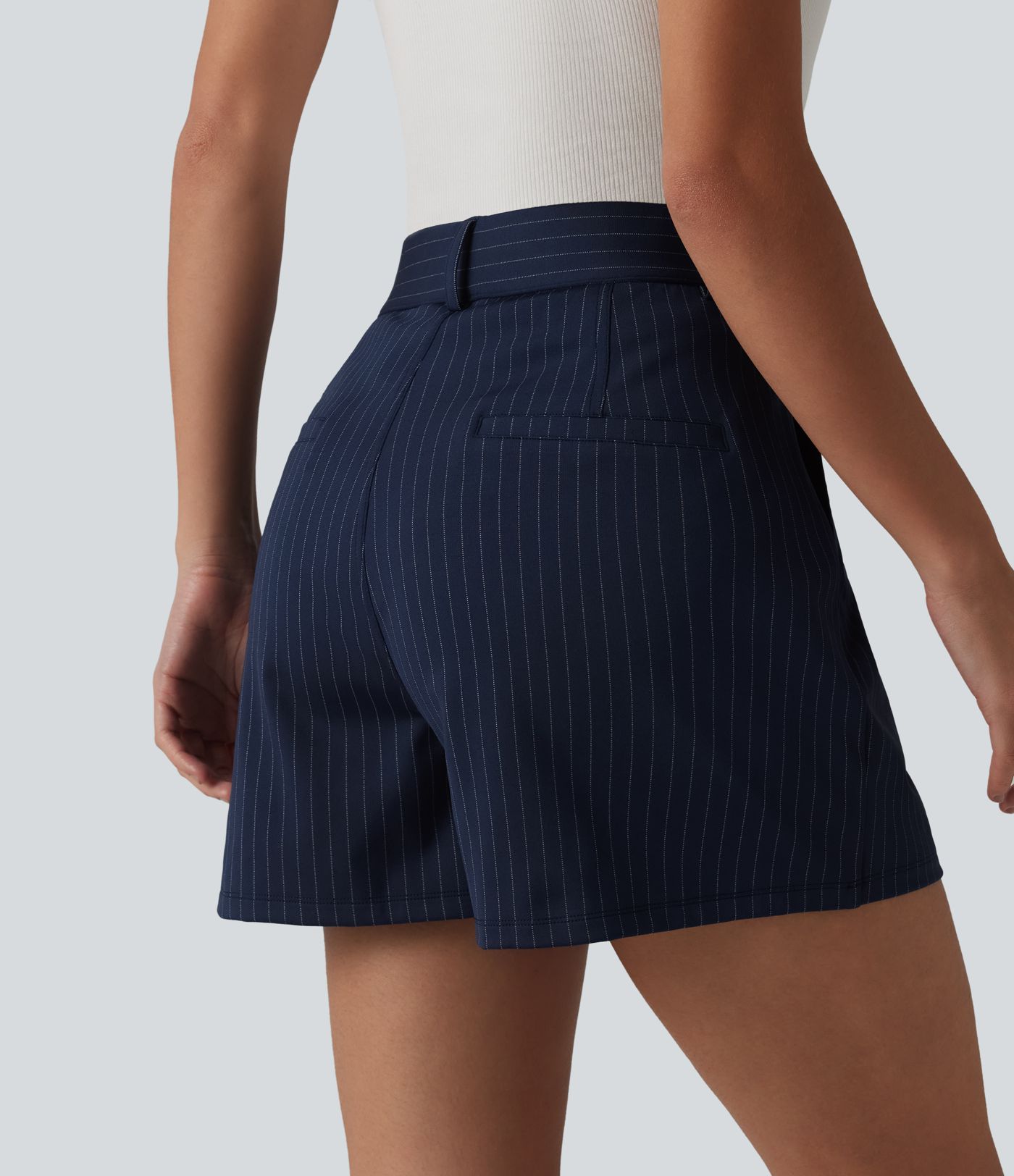 High Waisted Pleated Stripes Work Baggy Shorts with Pockets