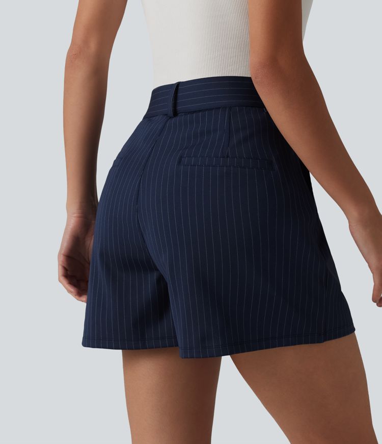 High Waisted Pleated Stripes Work Baggy Shorts with Pockets