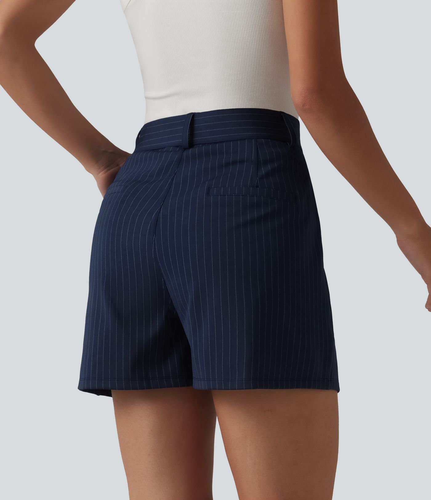 High Waisted Pleated Stripes Work Baggy Shorts with Pockets