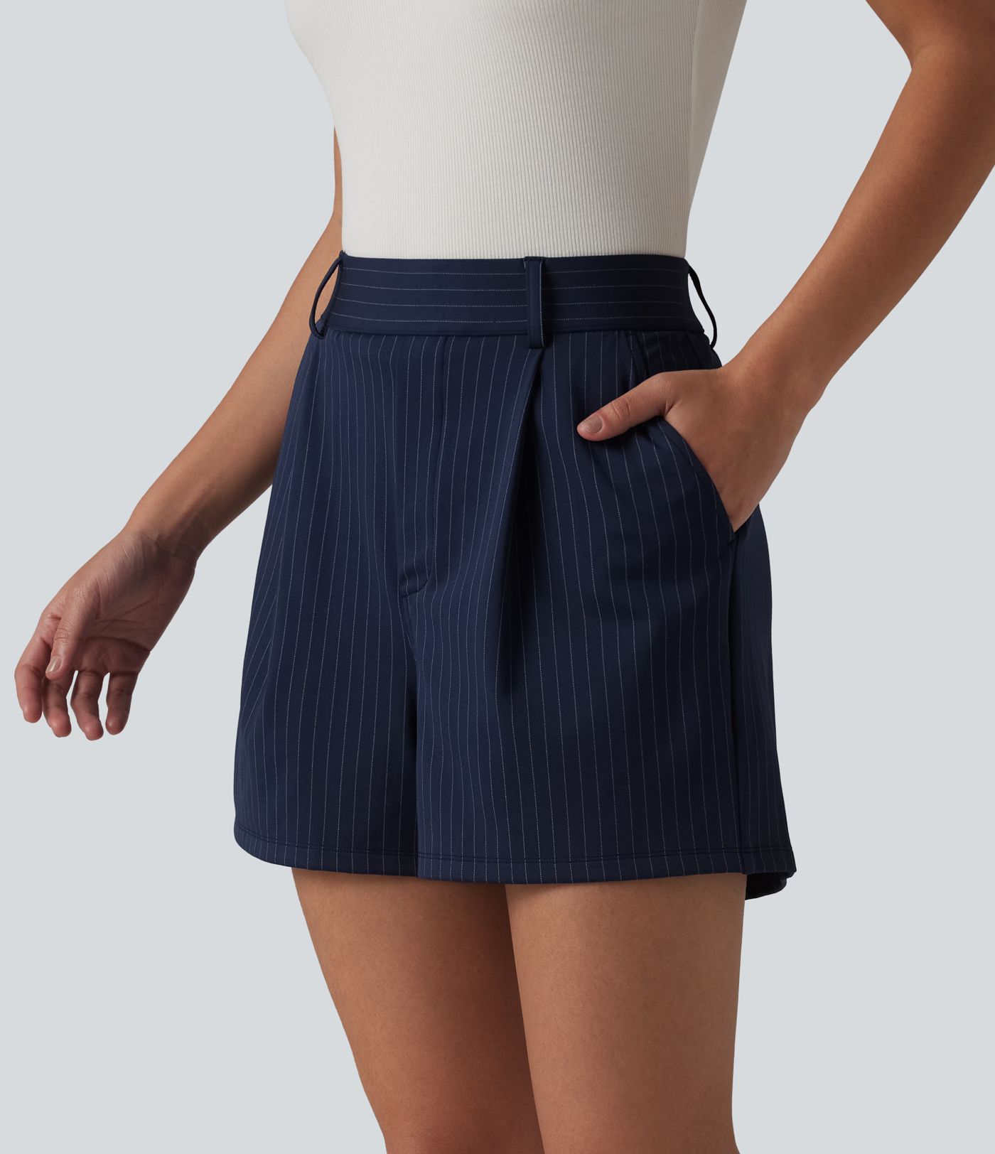 High Waisted Pleated Stripes Work Baggy Shorts with Pockets