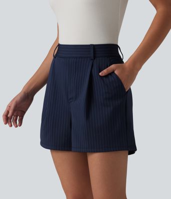 High Waisted Pleated Stripes Work Baggy Shorts with Pockets