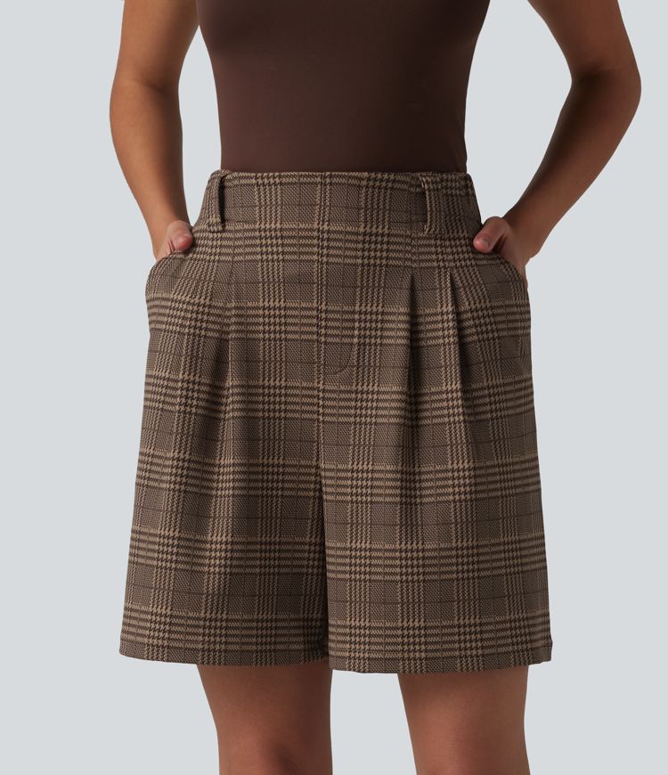 High Waisted Baggy Plaid Work Shorts with Pockets