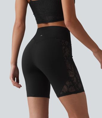 Halara UltraSculpt™ High Waisted Tummy Control Contrast Lace Yoga Biker Shorts 7'' with Pocket