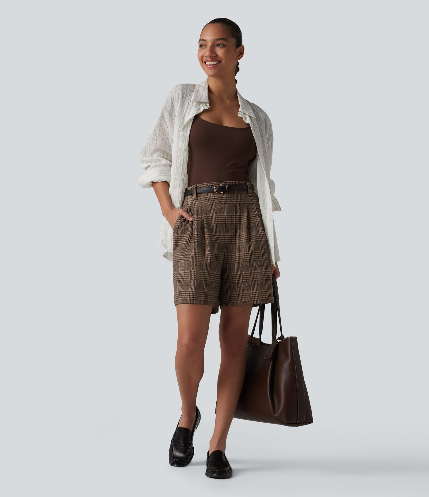 High Waisted Baggy Plaid Work Shorts with Pockets
